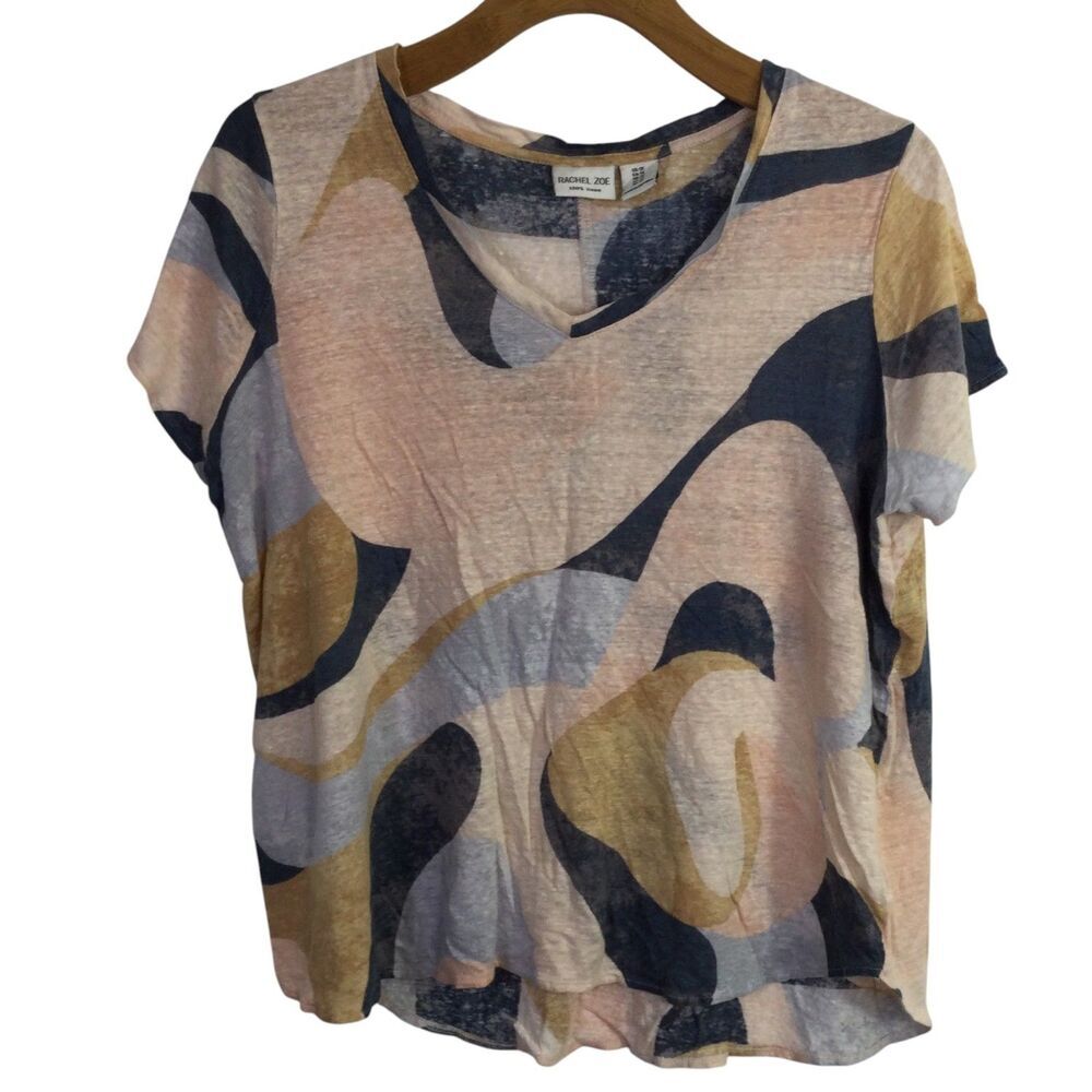 Rachel Zoe Womens V-Neck Artsy T-Shirt Abstract Short Sleeves Pink Size 1X Plus